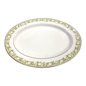 Noritake Princeton 6911 Oval Serving Platter 13.5” Japan Green Floral Silver Rim